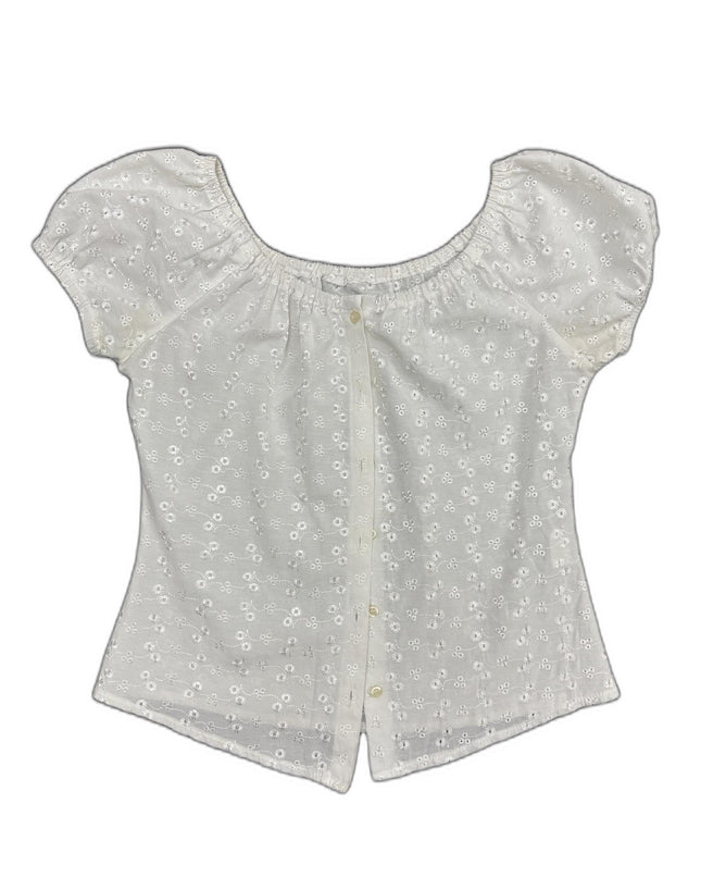 Collezione White Embroidered Floral Puffed Sleeve Eyelet Top - XS