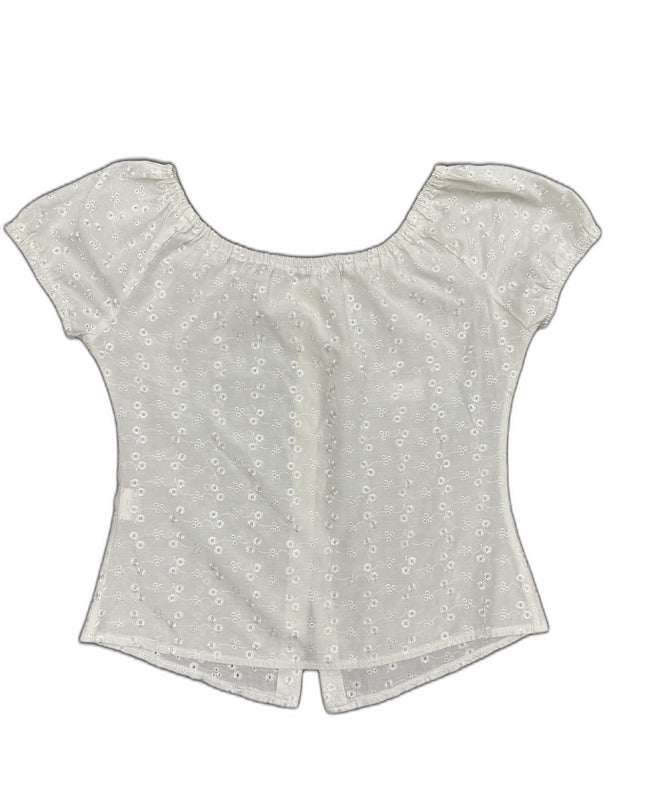 Collezione White Embroidered Floral Puffed Sleeve Eyelet Top - XS