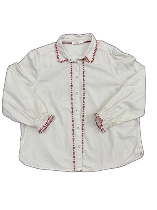 Per Una Embroidered Cotton Button-Up White Shirt - XXL