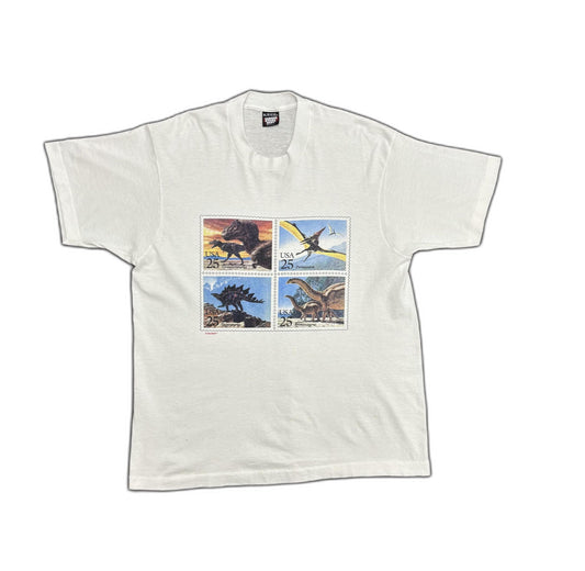 Vintage Made in USA Screen Stars Best Dinosaur Postal Stamp stuff Graphic White T-Shirt - L