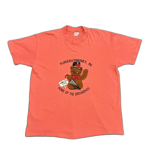 Vintage Made in USA Stedman Punxsutawney Groundhog Day Coral Red T-Shirt - L