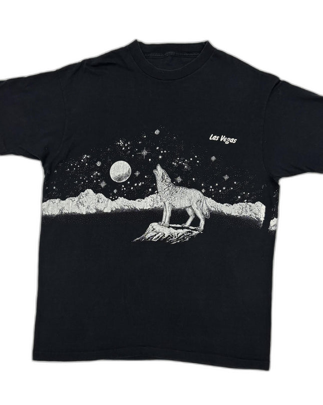 Vintage Anvil Las Vegas Howling Wolf Desert Moon Graphic Black T-Shirt - L