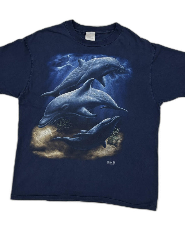 Hanes Beefy-T Wild Dolphins Vintage Made in USA Navy Blue Graphic T-Shirt - XL