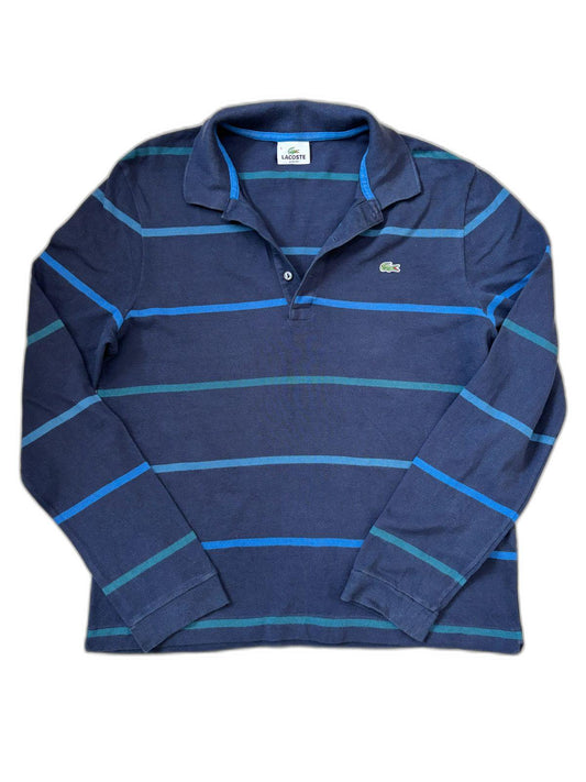 Lacoste Striped Long Sleeve Navy & Teal Polo Shirt - M