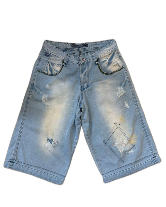 Kopil Distressed with Embellished Details Blue Denim Shorts- S | Waist: 30"