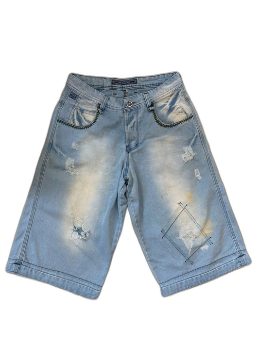 Kopil Distressed with Embellished Details Blue Denim Shorts- S | Waist: 30"
