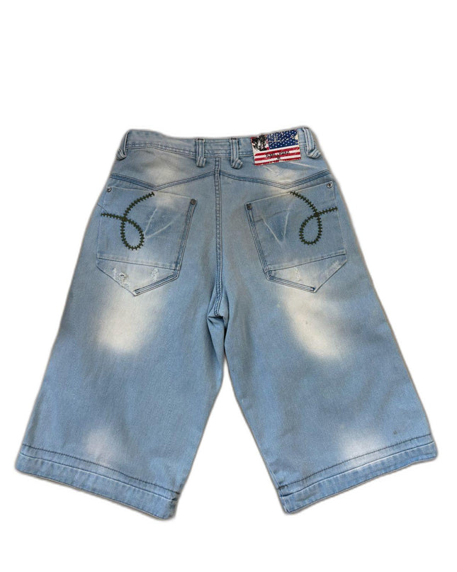 Kopil Distressed with Embellished Details Blue Denim Shorts- S | Waist: 30"