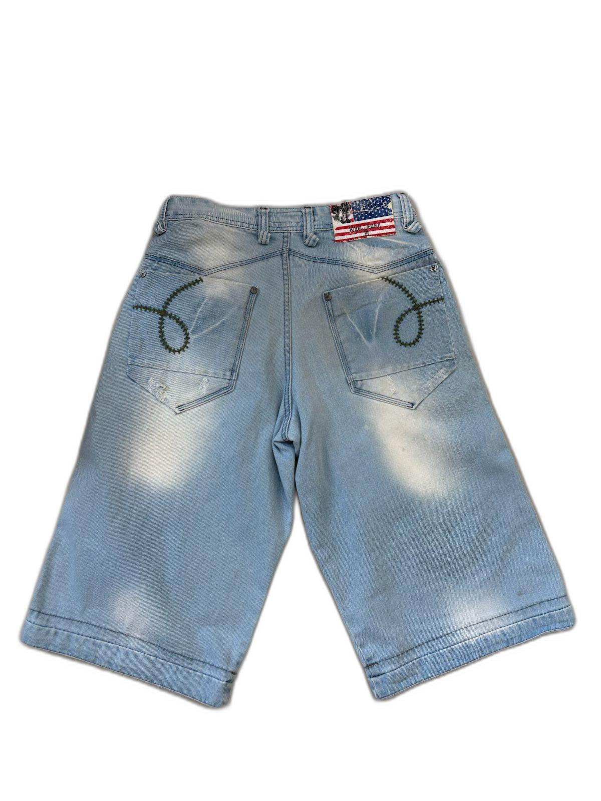 Kopil Distressed with Embellished Details Blue Denim Shorts- S | Waist: 30"