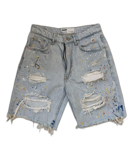 Bershka Distressed Women Denim Jean Mid Rise Blue Short - S | Waist: 28"