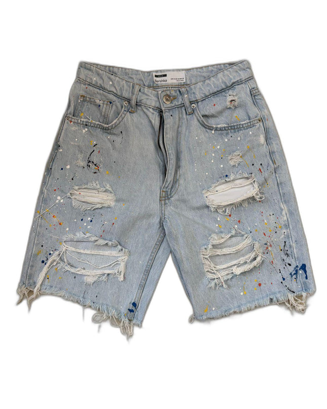 Bershka Distressed Women Denim Jean Mid Rise Blue Short - S | Waist: 28"