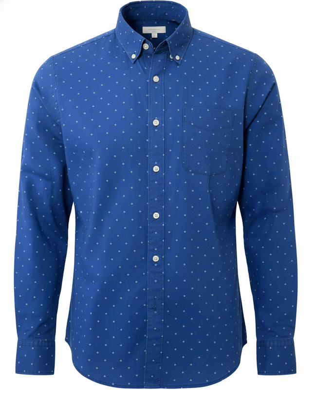 American Eagle Blue Micro-Print Long Sleeve Classic Fit Shirt