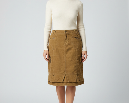 Yessica Utility Style Brown Corduroy Midi Cargo Skirt