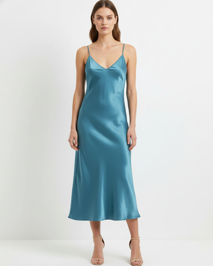 Forever 21 Teal Blue Satin V-Neck Mini Slip Dress
