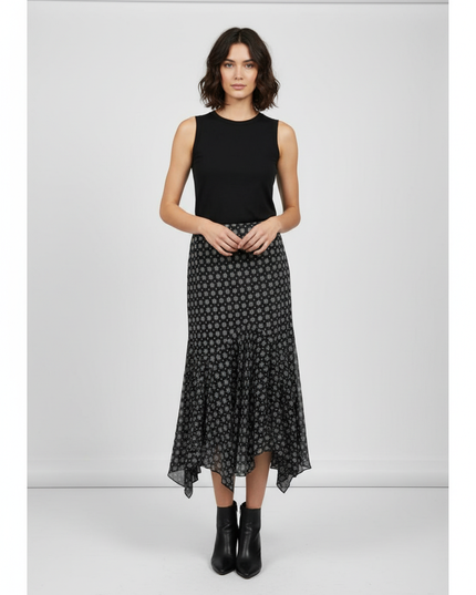 Vintage Boho Black & White Asymmetrical Midi Skirt