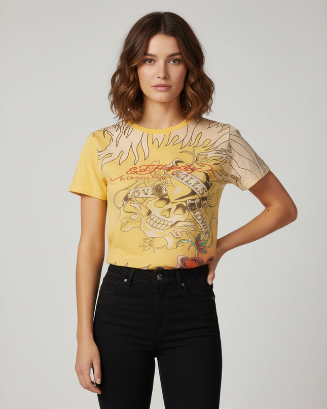 Ed Hardy Vintage Y2K Retro Style Tiger Head Yellow T-Shirt