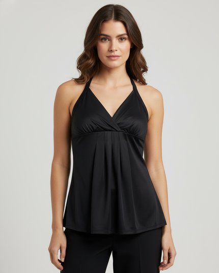 DKNY Jeans Black Satin Halter Backless Pleated Top