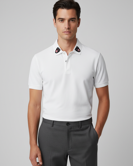 Gucci White Wolf Head Embroidered Polo Shirt