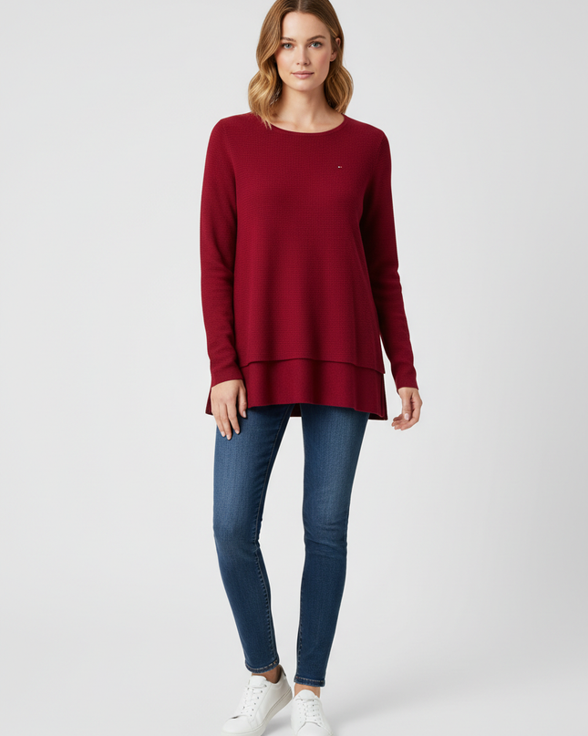 Tommy Hilfiger Denim Red Textured High-Low Pullover Sweater