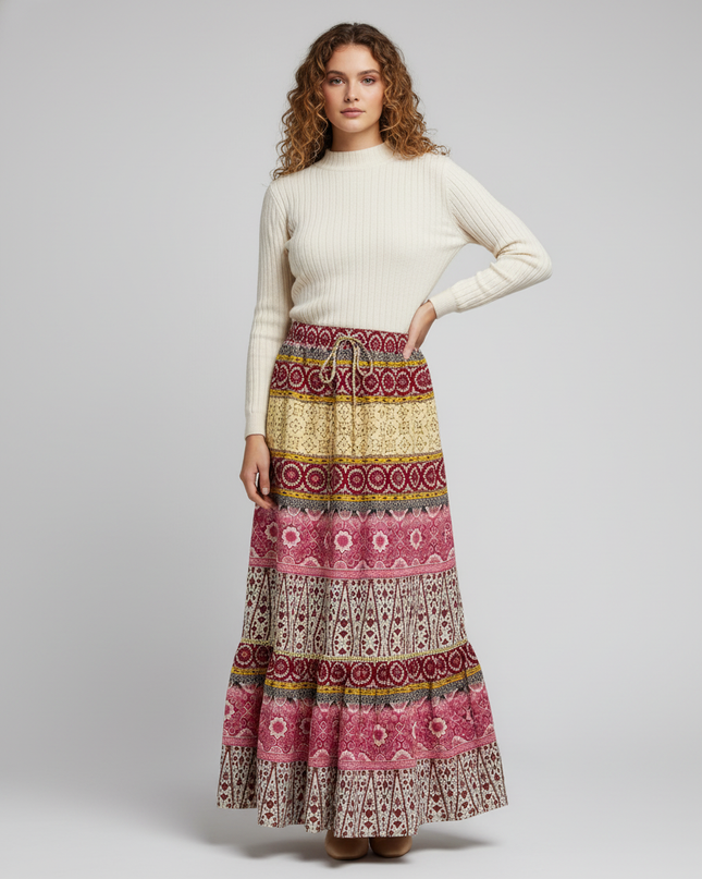 Cynthia Rowley Boho Floral Multi-Color Tiered Maxi Skirt