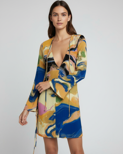 H&M Abstract Sunset Landscape Print Open Back Mini Dress
