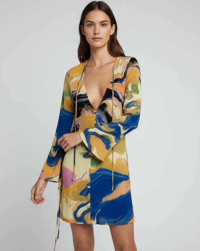 H&M Abstract Sunset Landscape Print Open Back Mini Dress