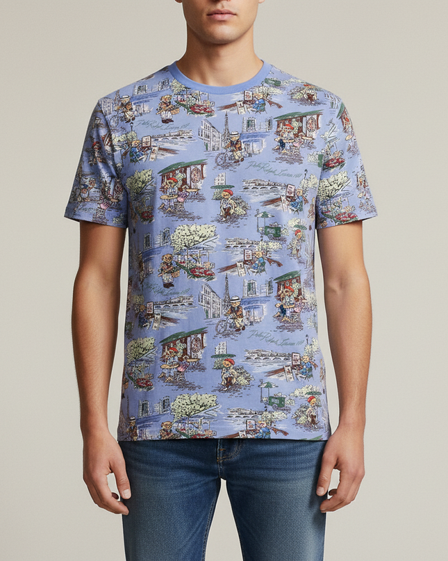 Ralph Lauren Paris Bear Parisian Scene Graphic Classic Fit Blue T-Shirt