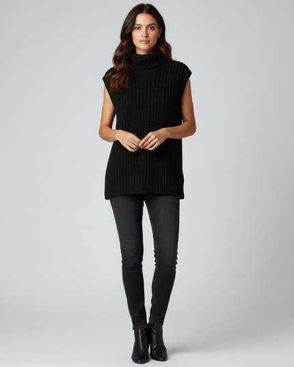 H&M Black Rib-Knit Turtleneck Wool Blend Sweater Vest