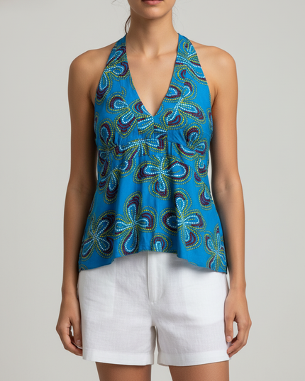 Flora de Tal Blue Dotted Floral Shirred Rayon Halter Top