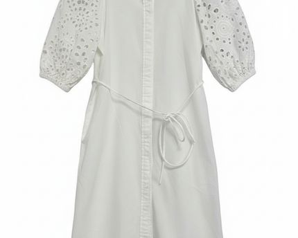 H&M White Broderie Anglaise Eyelet Puff Sleeve Tie-Waist Shirt Dress