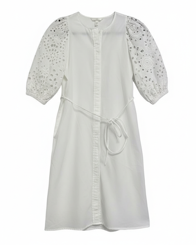 H&M White Broderie Anglaise Eyelet Puff Sleeve Tie-Waist Shirt Dress