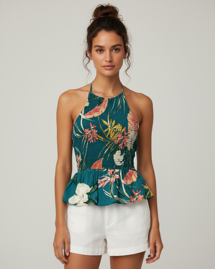 Patrons of Peace Tropical Floral Teal Halter Peplum Top