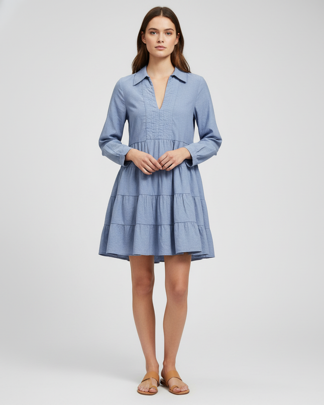 Zara Light Blue Tiered Long Sleeve V-Neck Mini Dress