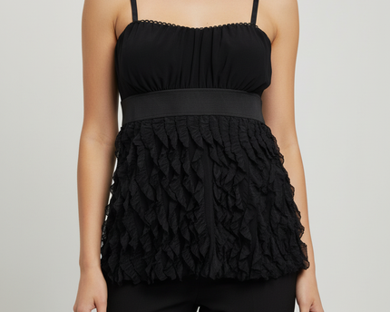 Suzy Shier Black Ruffled Tiered Spaghetti Strap Top
