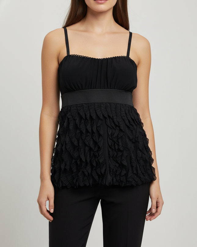 Suzy Shier Black Ruffled Tiered Spaghetti Strap Top