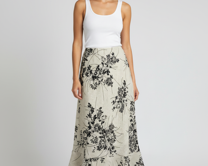 Jonathan Martin Studio Beige & Black Floral Ruffle Hem Midi Skirt