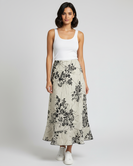 Jonathan Martin Studio Beige & Black Floral Ruffle Hem Midi Skirt