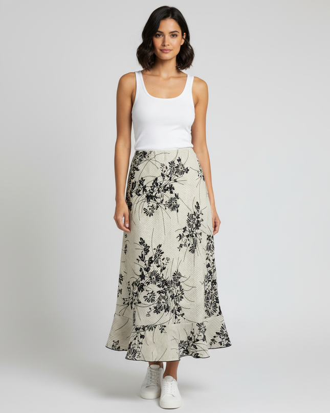 Jonathan Martin Studio Beige & Black Floral Ruffle Hem Midi Skirt