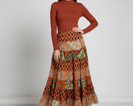 Boho Patchwork Rust Orange & Paisley Tiered Maxi Skirt