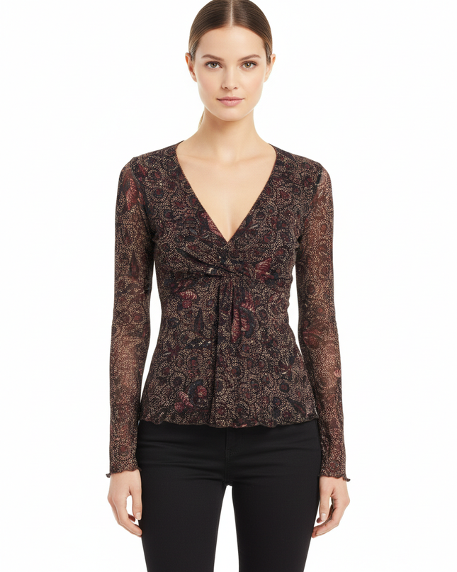 Etam Paisley Print Mesh V-Neck Long Sleeve Top