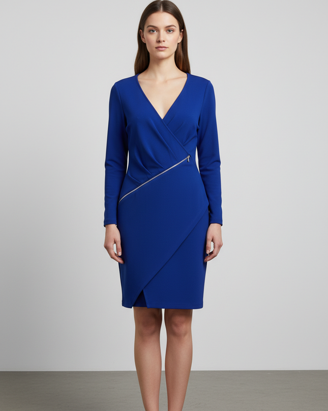 Ted Baker Royal Blue Wrap Front Zipper Detail Long Sleeve Mini Dress