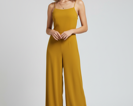Forever 21 Mustard Yellow Halter Wide Leg Criss Cross Back Jumpsuit