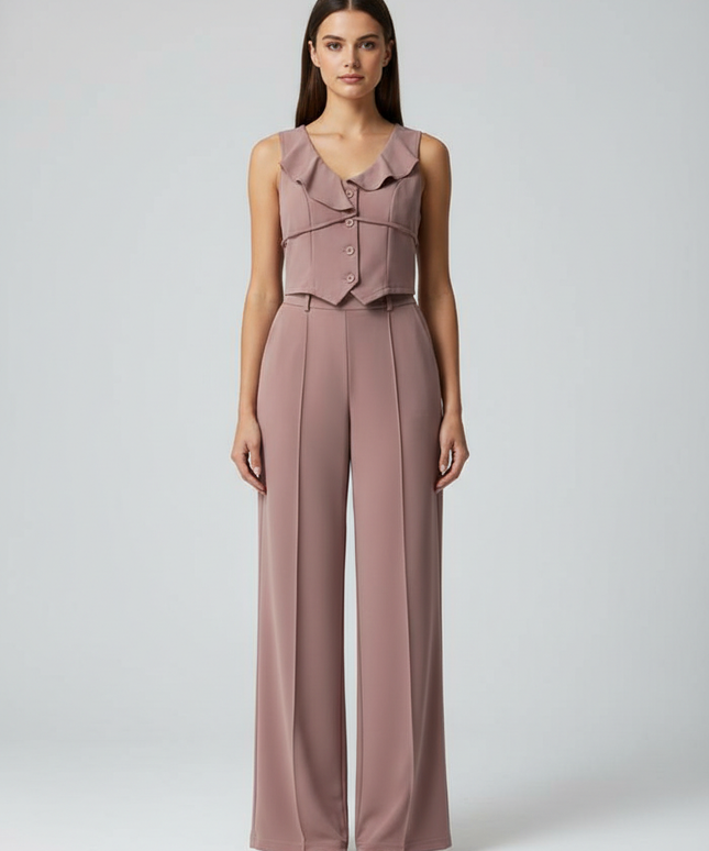Dusty Rose Two-Piece Vest and Wide Leg Pant Co-ord Set