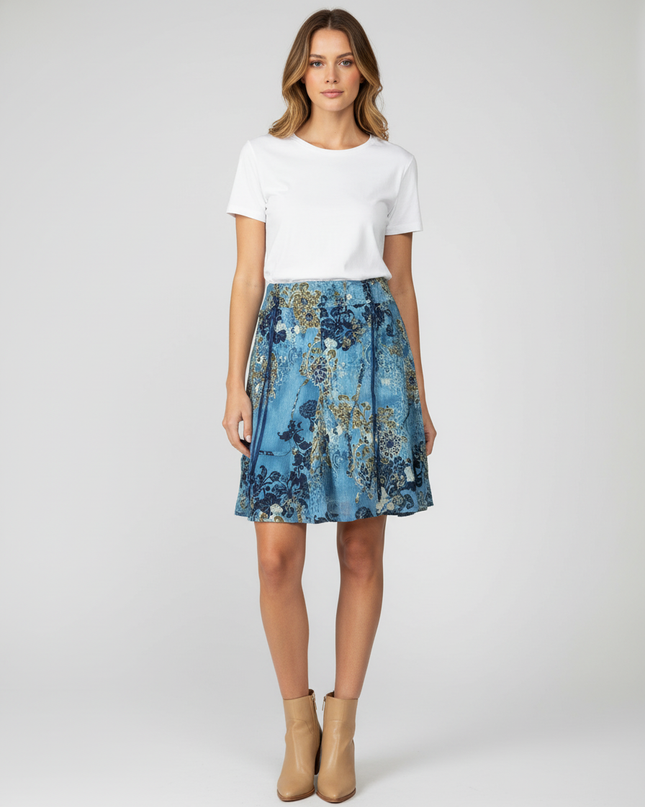 LeGrenier Boho Blue Floral Paisley Above Knee Skirt