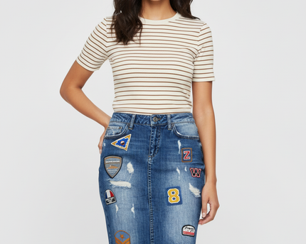 Zara Woman Premium Patchwork Badge Mid-Wash Denim Skirt