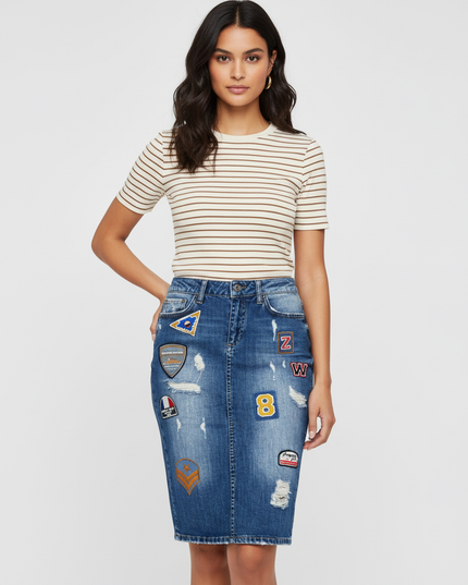 Zara Woman Premium Patchwork Badge Mid-Wash Denim Skirt