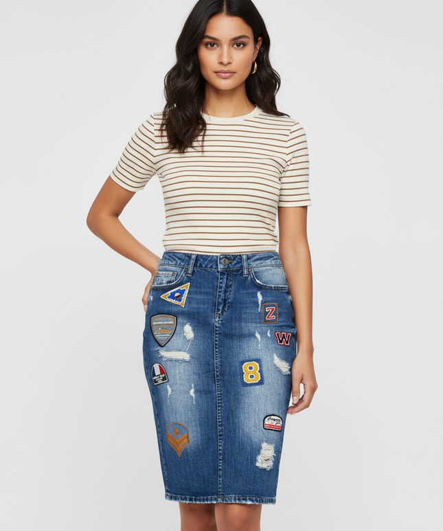 Zara Woman Premium Patchwork Badge Mid-Wash Denim Skirt