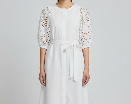 H&M White Broderie Anglaise Eyelet Puff Sleeve Tie-Waist Shirt Dress
