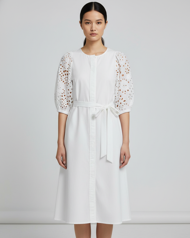 H&M White Broderie Anglaise Eyelet Puff Sleeve Tie-Waist Shirt Dress
