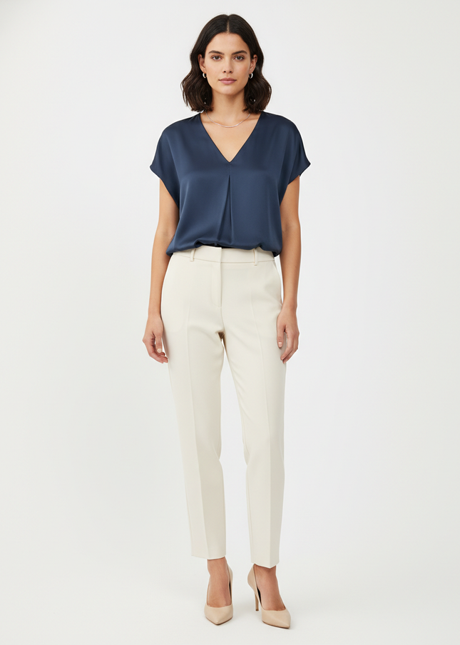 Mango Navy Blue V-Neck Satin Cap Sleeve Blouse