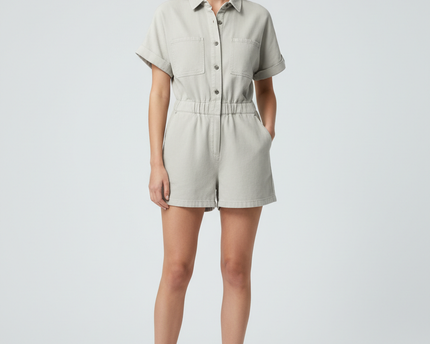 Zara Ecru Denim Utility Short Sleeve Romper Jumpsuit